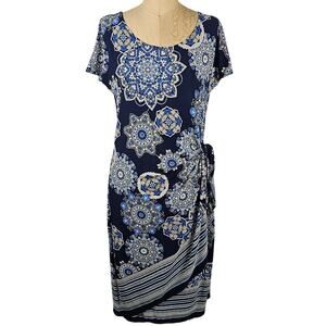 Dress blue white taupe mandala print side tie drape church trad modest Med